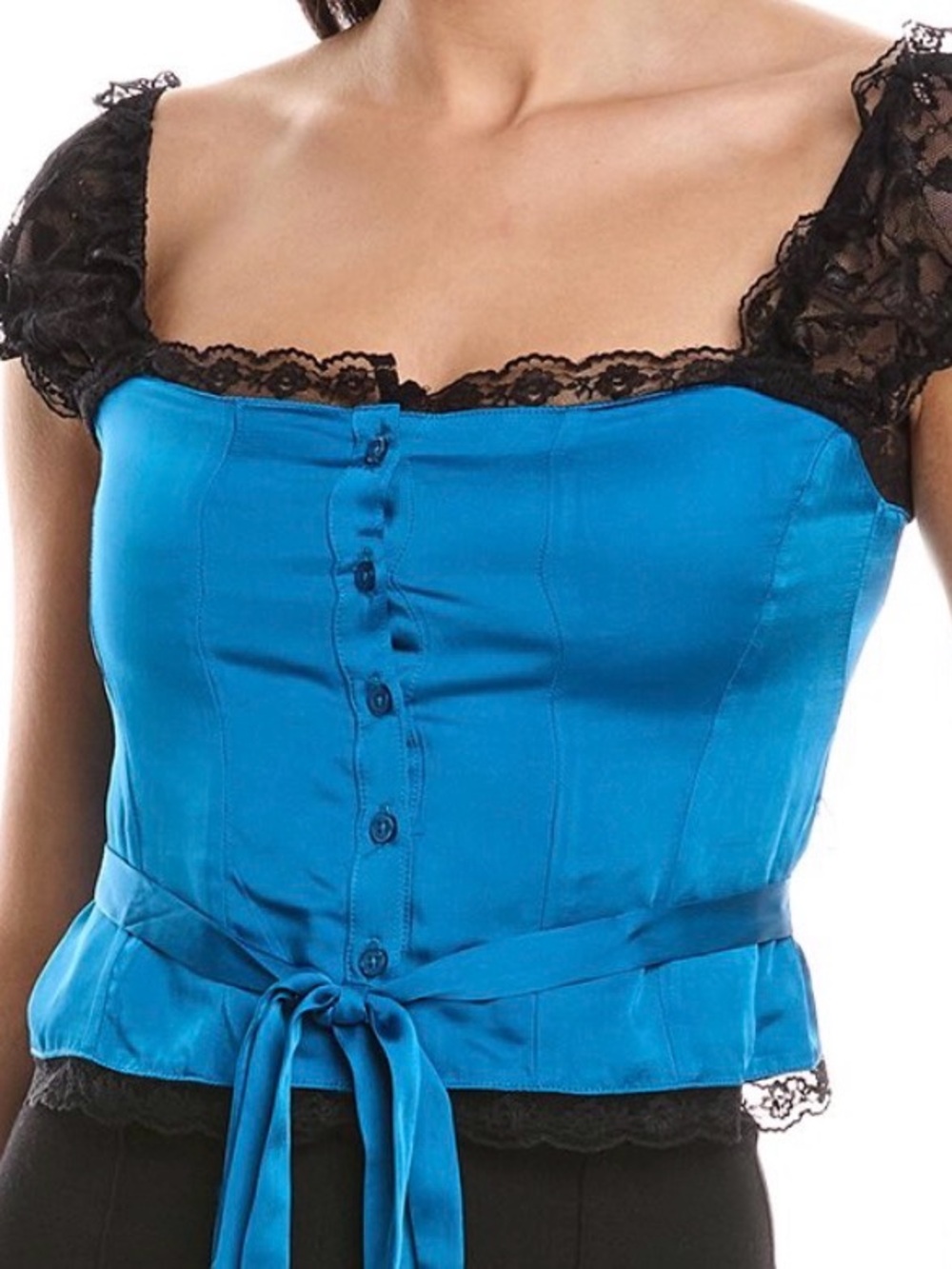 Guizio Blue Lace-Trim Satin Camisole